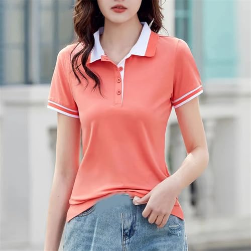 Womens Polo Shirt Solid Cotton Short Sleeve Contrasting Color Lapel Slim Fit Plus Size Sports Top