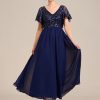 Women's Formal Dress V-Neck Sequin Applique Ruffles Sleeves Backless A-Line Evening Dresses 01583