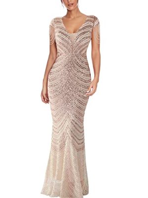 Women 1920s Plus Size Formal Dress Tassels Sleeve Sequins Gatsby Maxi Evening Gown