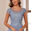 Women's Lace Applique Mother of The Bride Dress Cap Sleeves Round Neck Evening Gown NO195