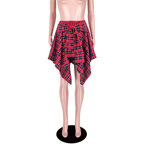 Women's Plaid Skirts High Waisted Knot Front Asymmetrical Hem Mini Skater Skirt