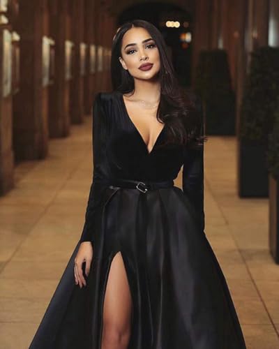 41eDufU7lWL.jpg Women's Sparkly Sequin Prom Ball Gown with Pockets Long Sleeve Satin Formal Evening Dress with Slit YZTS055