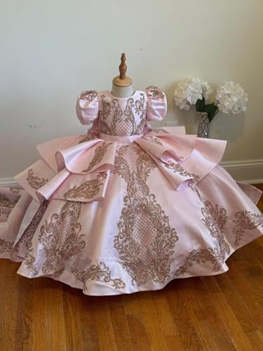 Vintage Gold Embellishment Mini Quinceanera Prom Pageant Dresses for Little Girls Toddler Cupcake Long Train