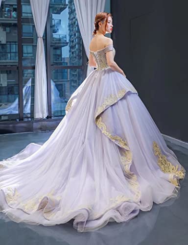 41giZQjGp3L.jpg Gold Lace Beading Wedding Dresses for Women Tulle Prom Quinceanera Dress Off The Shoulder 2025