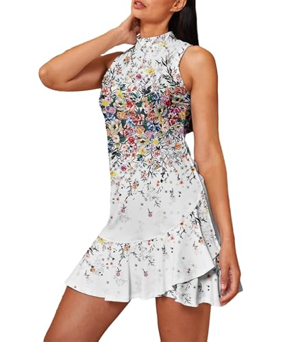 Women's Tennis Dresses Summer Sleeveless Plaid Athletic Dress for Women Standing Collar Ruffled Hem Midi Dresses