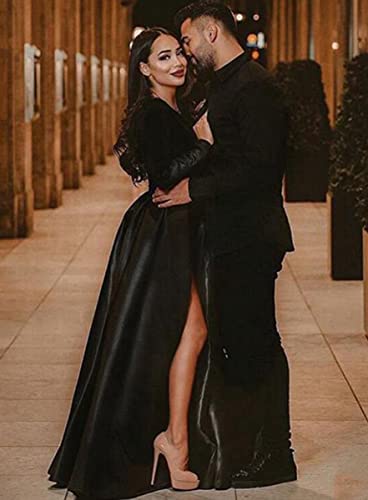 41i6SSZNm4L.jpg Women's Sparkly Sequin Prom Ball Gown with Pockets Long Sleeve Satin Formal Evening Dress with Slit YZTS055