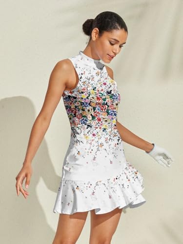 Women's Tennis Dresses Summer Sleeveless Plaid Athletic Dress for Women Standing Collar Ruffled Hem Midi Dresses