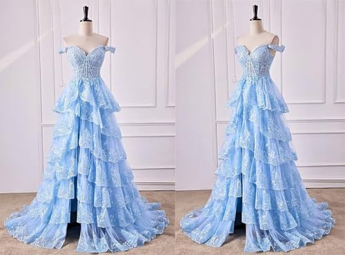 41iYLsN7OmL.jpg Glitter Tiered Tulle Lace Prom Dresses Long for Teens 2024 Spaghetti Straps Formal Wedding Evening Gowns VS035