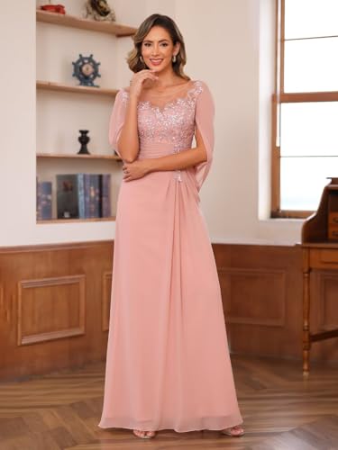 41idMrlAwoL.jpg Lace Appliques Mother of The Bride Dress for Women Long Chiffon Cape Sleeve Lace Mother Groom Dresses RO209