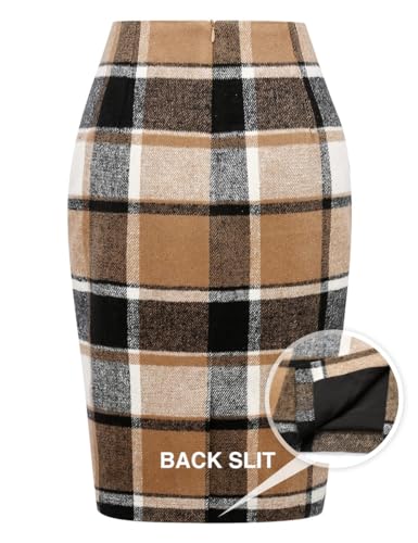 41jB0yVWCeL.jpg Midi Plaid Skirts for Women Fall Winter Knee Length Pencil Wool Skirt with Slit