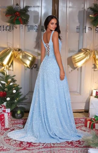 41jGo-HpCpL.jpg Spaghetti Straps Sequin Prom Dresses 2025 Long Sparkly A Line Formal Ball Gowns with Pockets YZTS228