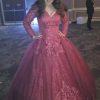 41k7THGvm0L.jpg Juniors' Long Sleeve Quinceanera Dresses V Neck Puffy Ball Gown Sweet 16 Lace Prom Dresses for Teens