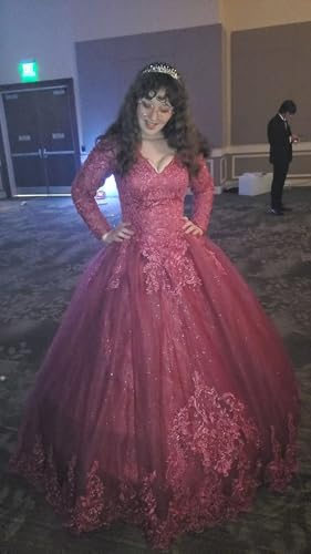 41k7THGvm0L.jpg Juniors' Long Sleeve Quinceanera Dresses V Neck Puffy Ball Gown Sweet 16 Lace Prom Dresses for Teens