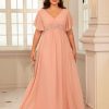 Short Sleeves Plus Size Mother of The Bride Dresses for Curvy Women V Neck Formal Dresses with Pockets YZTS224