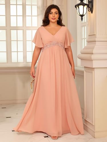 41kK8YcTdAL.jpg Short Sleeves Plus Size Mother of The Bride Dresses for Curvy Women V Neck Formal Dresses with Pockets YZTS224