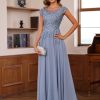 Women's Lace Applique Mother of The Bride Dress Cap Sleeves Round Neck Evening Gown NO195