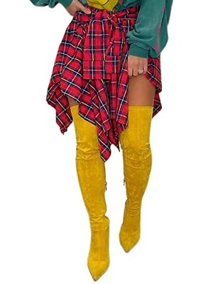 Women's Plaid Skirts High Waisted Knot Front Asymmetrical Hem Mini Skater Skirt