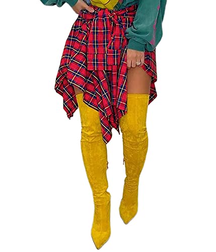 Women's Plaid Skirts High Waisted Knot Front Asymmetrical Hem Mini Skater Skirt