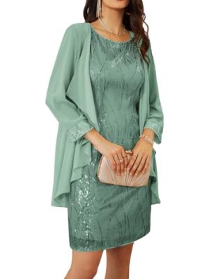 Women's Sequin Dress - Wedding Guest & Mother of The Bride Formal Dress - Two Piece Knee Length