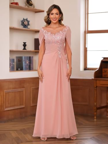 41ny7Z8sVtL.jpg Lace Appliques Mother of The Bride Dress for Women Long Chiffon Cape Sleeve Lace Mother Groom Dresses RO209