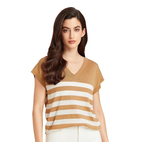 Women's Silk Cashmere Classics V-Neck Striped T-Shirt Loose Casual Summer Tee