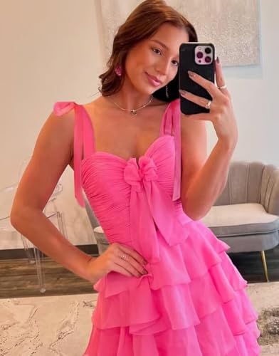 Tiered Prom Dresses 2025 with Slit Pleated Spaghetti Straps Long Chiffon Cocktail Dresses for Women