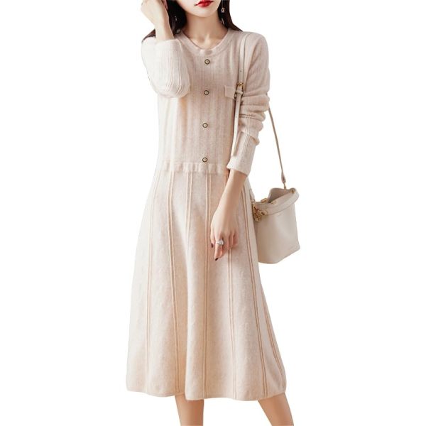 Women O-Neck 100% Solid Wool Slim Fit Dress Long Sleeve Knitted Long Pullover Dress Sweater