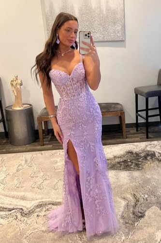 41pHQIo6aL.jpg Women's Lace Mermaid Prom Dresses Long with Slit Mermaid Spaghetti Straps Backless Formal Evening Gowns YZTS099