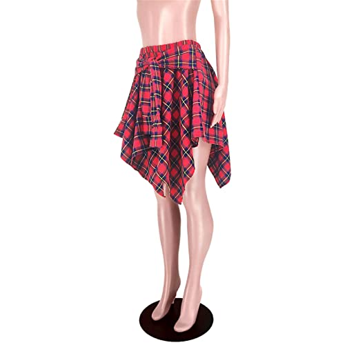 Women's Plaid Skirts High Waisted Knot Front Asymmetrical Hem Mini Skater Skirt
