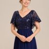 Women's Formal Dress V-Neck Sequin Applique Ruffles Sleeves Backless A-Line Evening Dresses 01583