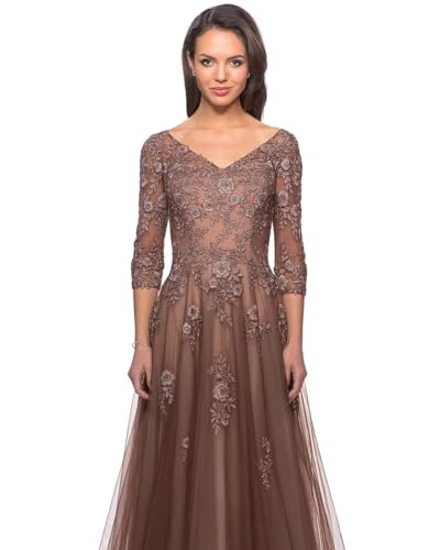 Women's Floral Lace Appliques 3/4 Sleeve Mother of The Bride Dresses Long V Neck Formal Dresses with Pockets YZTS028