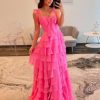 Tiered Prom Dresses 2025 with Slit Pleated Spaghetti Straps Long Chiffon Cocktail Dresses for Women