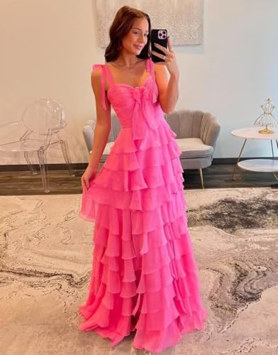 Tiered Prom Dresses 2025 with Slit Pleated Spaghetti Straps Long Chiffon Cocktail Dresses for Women