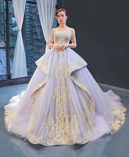 41rb531OHSL.jpg Gold Lace Beading Wedding Dresses for Women Tulle Prom Quinceanera Dress Off The Shoulder 2025