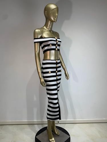 Women Stripe Off Shoulder Crop Top and High Waist Skirt Two Piece Sets Celebrity Evening Club Party Outfits