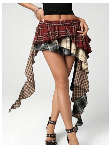 Women's Plaid Ruffle Mini Skirt Y2k A Line Layered Asymmetrical Hem Skirts with Shorts Underneath