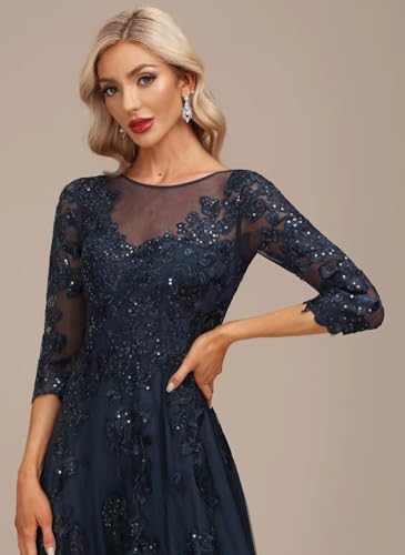 41t8Lj7RtnL.jpg Lace Appliques Mother of The Bride Dresses Long with 3/4 Sleeve Beaded Scoop Neck Formal Gowns