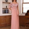 Lace Long Mother Dress for Women with Pleated Sequin Cape Scoop Illusion Chiffon Formal Dresses RA035