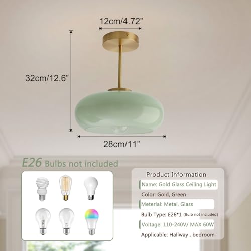 Milk Ceiling Light mid Century Modern Ceiling Light fixtures with Milk Green Glass Shade Gold Semi Flush Mount Ceiling Light,
