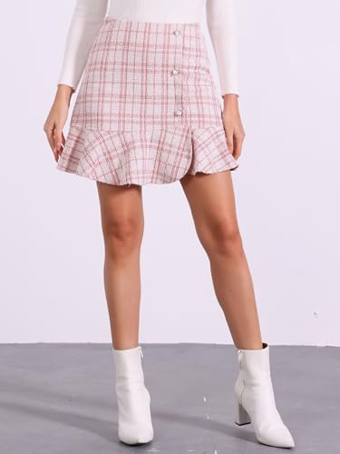 41uPfPlBHUL.jpg Women's Plaid Skirts Ruffle Hem Button Decor Tweed Mini Skirt