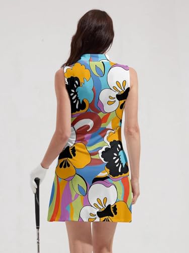 41uQA528MpL.jpg Tennis Dresses for Women with 2 Pockets Sleeveless Womens Golf Dress Quarter Zip Stand Collar Printed Athletic Dress