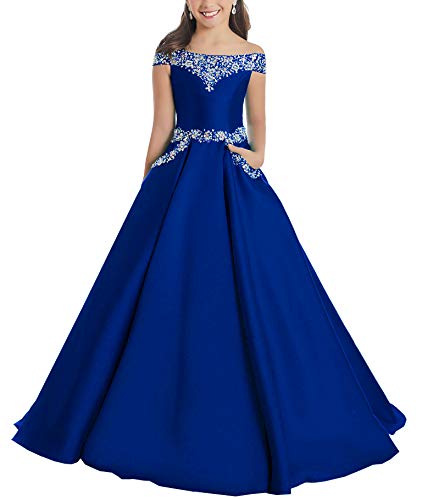 Flower Girls Off The Shoulder Pageant Dresses Long Princess Birthday Formal Party Ball Gowns Aline with Pockets
