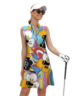 Tennis Dresses for Women with 2 Pockets Sleeveless Womens Golf Dress Quarter Zip Stand Collar Printed Athletic Dress