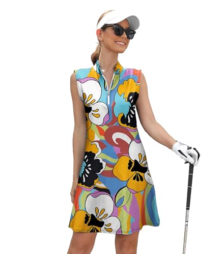 41wFzwsc8JL.jpg Tennis Dresses for Women with 2 Pockets Sleeveless Womens Golf Dress Quarter Zip Stand Collar Printed Athletic Dress