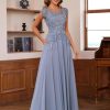 Women's Lace Applique Mother of The Bride Dress Cap Sleeves Round Neck Evening Gown NO195