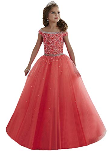 Girls' Off The Shoulder Pageant Dresses Tulle Aline Princess Prom Dress Formal Ball Gowns TF017