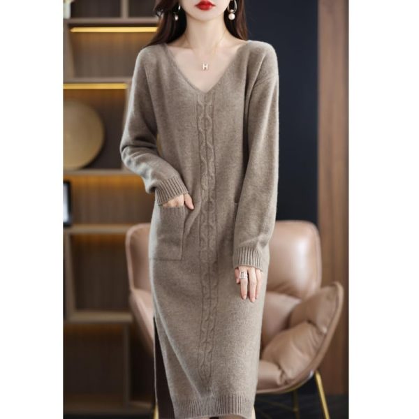 Women 100% Cashmere Wool Dress Sweater Long High-Grade Knitted V-Neck Pullover Solid Wool Dress