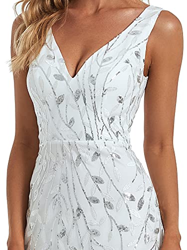 Women's Formal Dress Sequin Tulle Double V-Neck Sleeveless Mermaid Long Evening Dress 07886