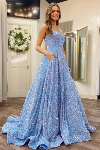 512GAk5cdL.jpg Spaghetti Straps Sequin Prom Dresses 2025 Long Sparkly A Line Formal Ball Gowns with Pockets YZTS228