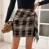 Women's Plaid Skirt Elastic High Waist Bow Tie Stretch Bodycon Pencil Mini Skirts